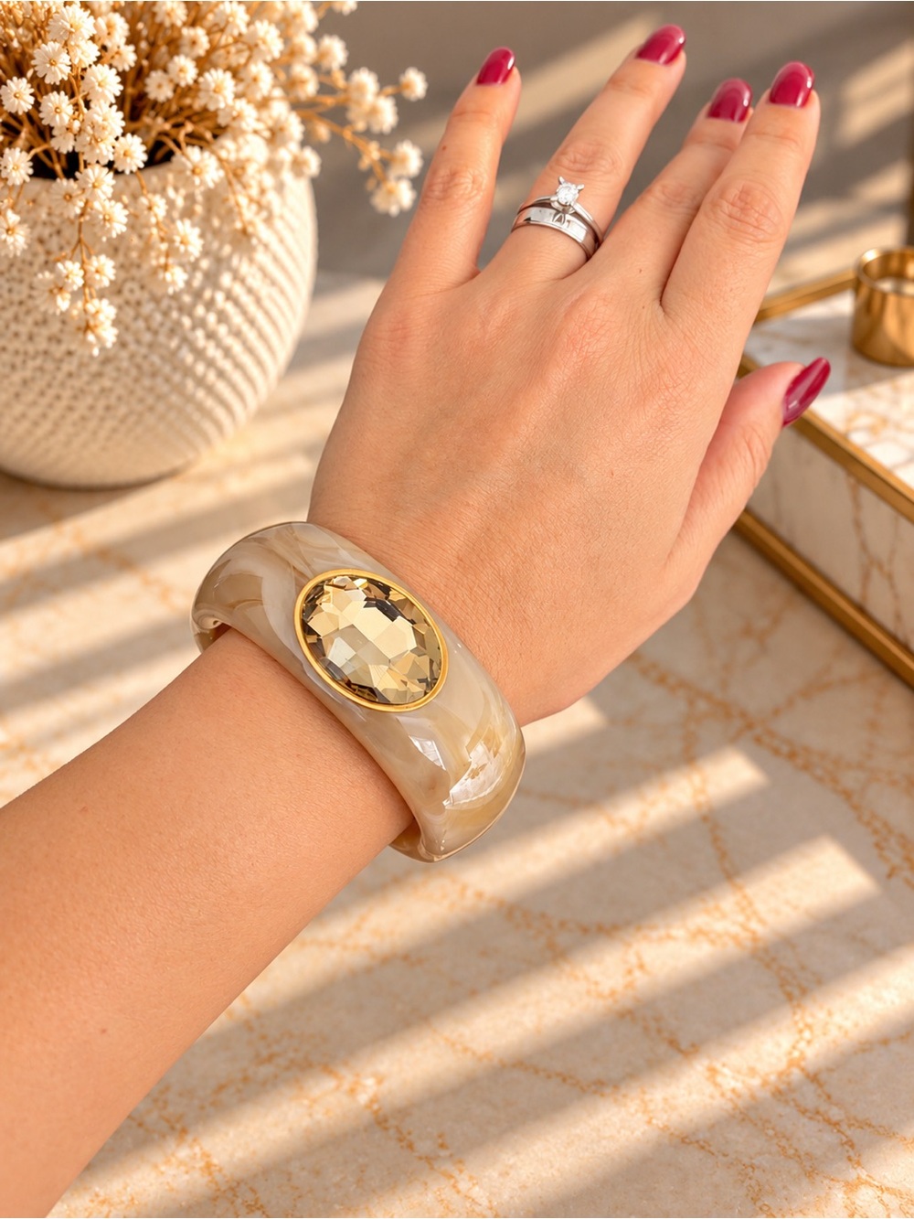 Beige Crystal Chunky Bangle Bracelet
